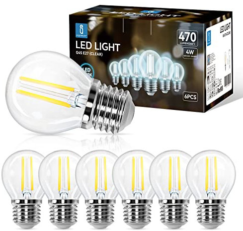 Aigostar Ampoule LED Filament E27 Blanc Froid 6500K,470LM,4W Equivalent à Ampoule Incandescente 40W,G45,Angle de 360º, Non-dimmable, Lot de 6