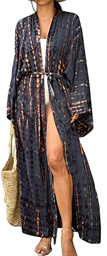 LikeJump Women's Long Floral Kimono Dressing Gown Beach Bikini Cover-Ups Maxi Dress Plus Size Summer Robe