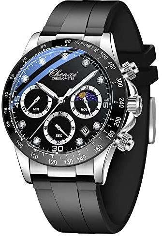 Tiong Herren-Diamantuhr mit schwarzem Quarzkalender, Business-Uhr, Quarzwerk, Sonnendesign, wasserdichte Uhren für Herren – Schwarz