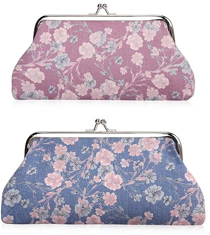 Oyachic 2 Stück Kiss Lock Münzbeutel Floral Coin Purses Portemonnaie Canvas Taschen Retro Blumen Geldbeutel Kleingeldbörse für Mädchen Damen (Lila + Dunkelblau)
