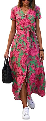 ORANDESIGNE Vestito Donna Estivo Casual Scollo a V Abito Lungo Elegante Manica Corta Vestito Boho Floreale Stampato Midi Abito da Vacanze Spiaggia Casual Vestiti con Cintura B Rosa L
