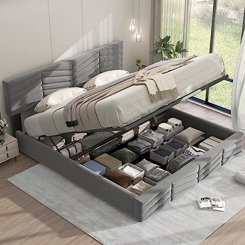 Sweiko Polsterbett 180 x 200,Samt Bettgestell Funktionsbett Modernes Lattenrost Continentalbett Doppelbett Stauraum Stauraumbett mit Lattenrost (Grau)