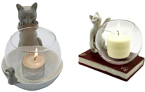 Cat & Book and Cat & Mouse Glass & Resin Round Pillar Candle Holder | Indoor or Outdoor Use | Tea light Tealight Candle Ornament