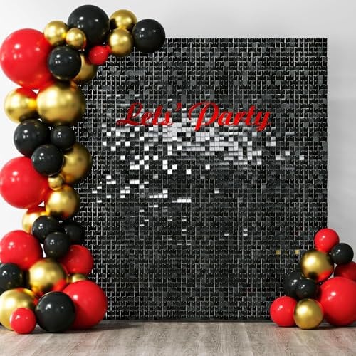 Kelfara Black Shimmer Wall Backdrop, 24 Pcs Square Sequin Wall Backdrop Panels, Photo Backdrops for Birthday, Anniversary, Wedding, Baby Shower, Graduation & Bachelorette Party Decoration