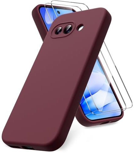 Vansdon Funda Compatible con Google Pixel 9a, 2 Unidades Protector Pantalla Cristal Templado, Silicona Líquida Gel Ultra Suave Funda- Burdeos