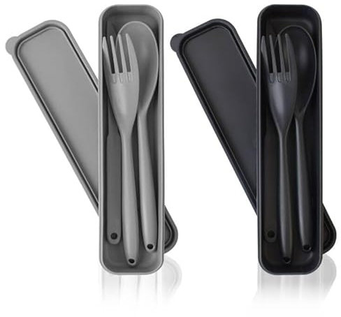 Large Plastic Cutlery Set, 2 Sets Travel Cutlery Set with Case for Adult, Portable Spoons Knives and Forks, Reusable Cutlery for Camping Picnic (Grey, Black)