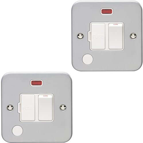 2 PACK 13A DP Switched Fuse Spur Flex Outlet & Neon HEAVY DUTY METAL CLAD - Mains Lighting Safety Wall Face Plate