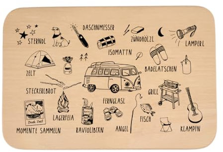 WOIDKINDⓒ Brotzeitbrett mit bayerischen Camping Motiven, Abenteuer, Outdoor, Buchenholz, Einbrand, Icons, Frühstück, Geschenk, Camper, Geburtstag, Dialekt