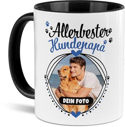 Tassendruck Hunde-Tasse mit Foto Allerbester Hundepapa - Persönliches Geschenk für Hundefreunde zum Geburtstag | Personalisiertes Geschenk, 300 ml, Innen & Henkel Schwarz