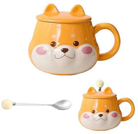 Bocguy Tasse Shiba Inu, tasse en céramique chien drôle avec couvercle et cuillère, tasse à café créative Shiba Inu Kawaii en céramique, tasse mignonne adaptée au café, au thé et au lait (420 ml)
