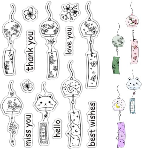 CRASPIRE Japanisches Windspiel, Transparente Gummistempel, Cartoon-Katze, Blumen, Vintage, Wiederverwendbare Transparente Silikonstempelsiegel Für DIY-Scrapbooking, Journaling, Kartenherstellung Dekor