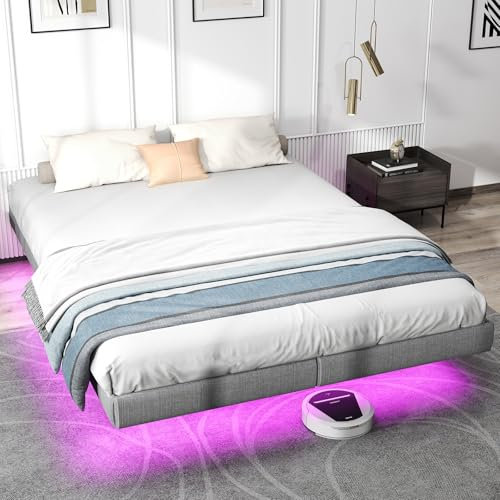 Bett 180x200 mit LED, Schwebebett Bettgestell 180x200cm Bett mit Weicher Polsterung, Lattenrost Doppelbett, Robuster Metall Betten Bettrahmen 180x200 mit Stauraum, Geräuscharm & Montagefreundlich​​