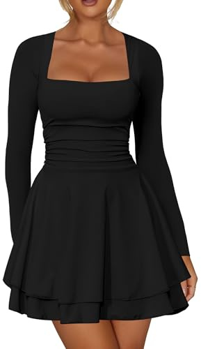 Kaximil Women's Square Neck Ruffle Hem Mini Dress Ruched Waist Long Sleeve Corset Short Party Dresses, Small, Black