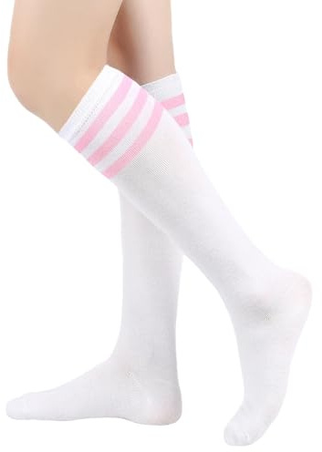 Kniestrümpfe Damen Gestreifte Strümpfe Fußballsocken Weiche Baumwolle Sportsocken Unisex Überkniestrümpfe für Laufen Fußball Cheerleading (DE/NL/SE/PL, Alphanumerisch, M, Regular, Regular, Rosa)