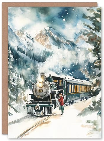 Artery8 Polar Express Train Winter Landscape Blank For Him Or Her Art Xmas Festive Christmas Card