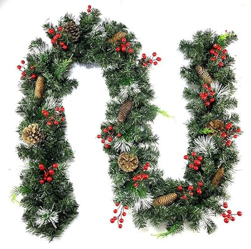 Truevaste 5M Weihnachtsgirlande mit Schnee, Premium Girlande Weihnachten Wie Echt, Tannengirlande Künstlich mit Tannenzapfen & Roten Beeren für Tür Fenster Treppen Indoor Outdoor Weihnachtsdeko