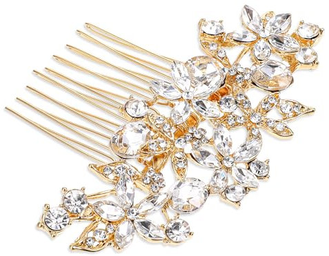 Psyqtsuary Peigne à cheveux de mariée avec strass et fleurs en cristal pailleté - Accessoire de cheveux décoratif pour femmes et filles (doré)