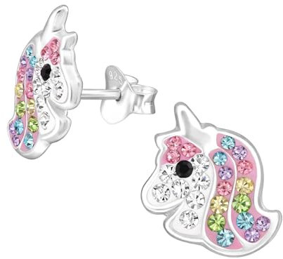 Monkimau Einhorn Kinder Ohrringe | mit Kristallen 925 Silber | Mädchen Ohrstecker Schmuck | Hypoallergen & Nickelfrei | Kinderohrringe Geschenkidee