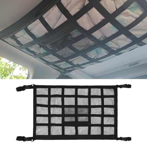 APKOL Gepäcknetz Auto, doppellagige Auto Gepäcknetz Autodach Aufbewahrung, 90x65cm Universal Autodach Gepäcknetz Decke, Netztasche mit Reißverschluss,für SUV, Van,Lange Roadtrips