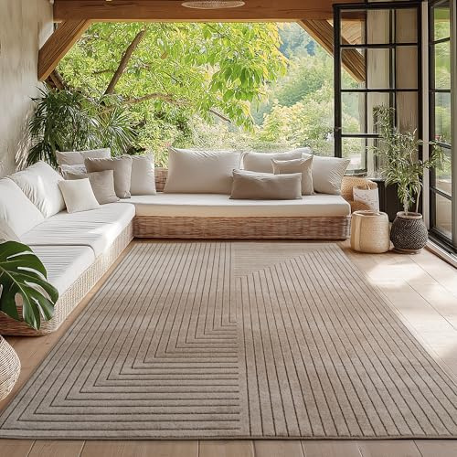 HomebyHome Kurzflor Teppich 240x340 cm XL Beige Wohnzimmer, Schlafzimmer, Küche, 3D Hoch-Tief-Effekt, Skandinavisch Boho Motiv, für Outdoor Bereich geeignet Terrassen oder im Balkon