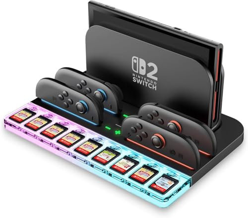 Charging Dock Storage Base for Nintendo Switch 2 JoyCon Controllers, Handle Host for NS2, RGB Light, LED Indicators, 9 Card Slots, Switch 2 Charger Station with USB Charging Cable