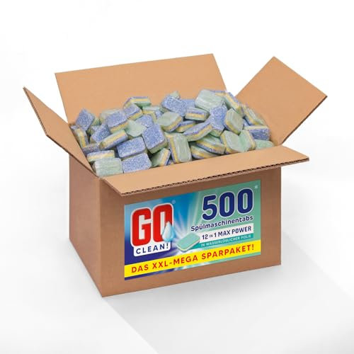 GO clean! Spülmaschinentabs Multi 12-in-1 MAX POWER – 10 kg ca. 500 Stück 20g, XXL-Sparpaket in wasserlöslicher Folie mit starker Reinigungskraft gegen Schmutz und Fett