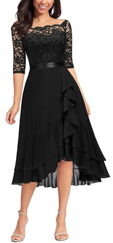 MIUSOL Women's Elegant Lace Chiffon 2/3 Sleeve Off-Shoulder Cocktail Ball Bridesmaid Patry Swing Midi Dress