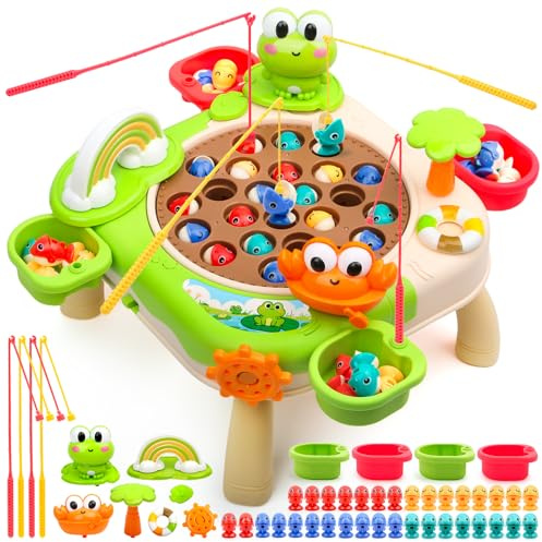 Varrotoy Magnetic Fishing Game for Kids,Musical Fish Toy with 34 Fish, 4 Fishing Rods and 4 Storage Buckets,Educational Interactive Rotating Board Games,Birthday for Kids 3-8 Years Old