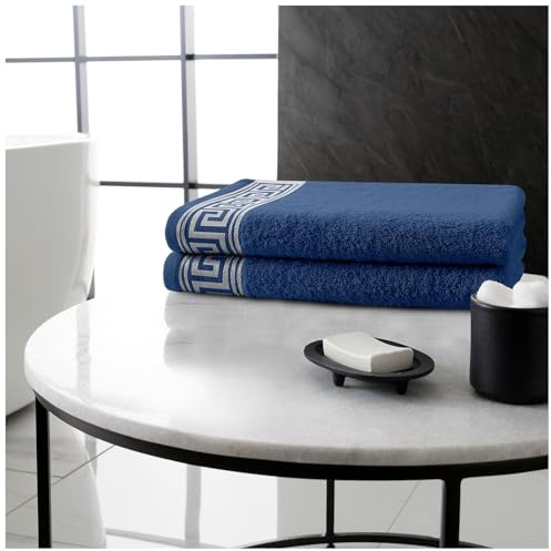 GC GAVENO CAVAILIA Luxury Egyptian Cotton Bath Towels | 4x Pack Large 500 GSM Towels | Greek Key Bathroom Towel Set Quick Drying & Super Absorbent - 70x120 Cm - Navy