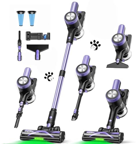 SUXIANGVAC Cordless Vacuum Cleaner 48KPa/500W/55Mins, Stick Vacuum with Self-Standing, Wall Mount Charging, LED Display, Anti-Tangle Brush Rechargeable Vacuum Ideal for Carpet/Car/Pet,Purple