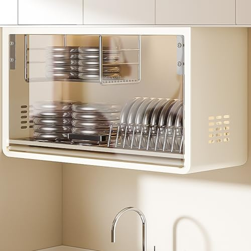 TUPAFJU Wall-mounted Stainless Steel Dish Drainer with Glass Door,Wall Dish and plate storage rack With drain tray，Multifunctional kitchen rack,No assembly required(White)