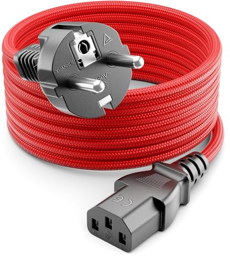 deleyCON 2m Kaltgerätekabel Nylon Typ F auf C13 3-polig - Rot | Netzkabel Stromkabel Kaltgeräte Strom Kabel, Schutzkontakt Stecker Typ F auf C13 Buchse, für PC, Monitor, Drucker