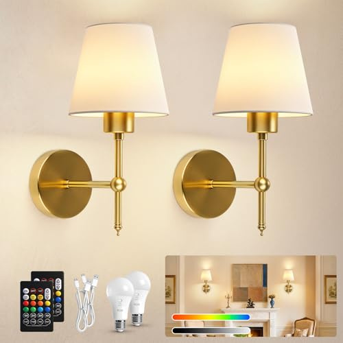 Ketom Rechargeable Wall Lights, Battery Wall Lights Indoor with Remote | 3 Color Temperature, 8 RGB Colors, Dimmable, Wireless Sconce for Bedroom Living Room Hallway, Fabric Shade, Gold