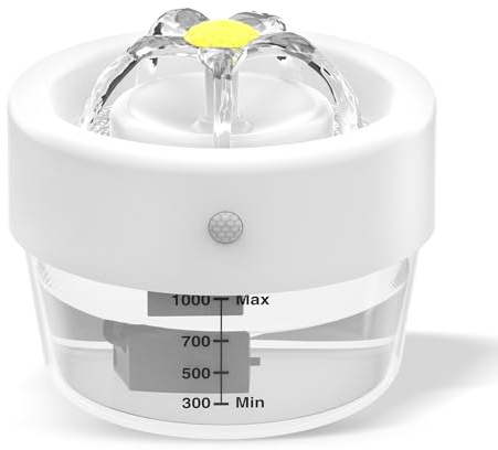 Fontaine a Eau Chat sans Fil, 1 L, Ultra-silencieuse Abreuvoir pour Chat | Fontaine à Batterie 1000mAh, Capteur Grand Angle à 120°, Jet d'eau en Cascade en Forme de Fleur, Pour Chats/Chiens