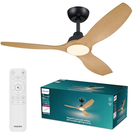 PHILIPS Olas Ceiling Fan with LED Light, 3 Blades, 132 cm Diameter, 2650 Lumens, Tunable White Light from 3000 K to 6500 K, Dimmable to 5%, Remote Control Included, Black/Wood