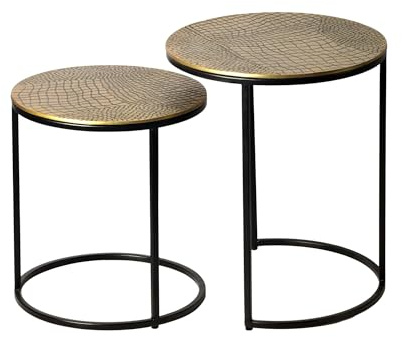 Wohnling Beistelltisch 2er Set Rund Aluminium Gold Gemustert | Satztische mit dekorativen Tischplatten, Anstelltische harmonisch, Couchtische, handgefertigtes Unikat