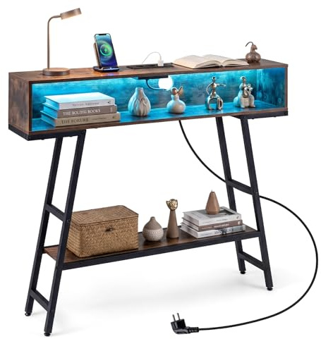 COSTWAY Konsolentisch mit LED-Beleuchtung & Ladestation, 3-stufiger Flurtisch mit Stauraumfach & Ablage, Sofatisch schmal für Wohnzimmer, Flur, Eingang, Diele, 100 x 20 x 86,5 cm (Rostbraun & Schwarz)
