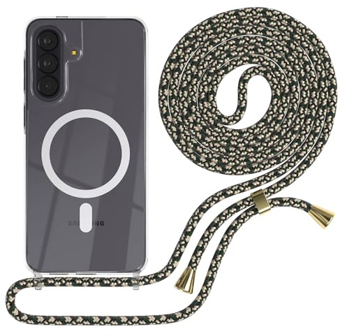 EAZY CASE - Handykette kompatibel mit Galaxy A57 Kette zum Umhängen Stoßfest Handyhülle für Galaxy A57 Silikon Hülle mit Band Handytasche Transparent als Fallschutz in Grün Camouflage