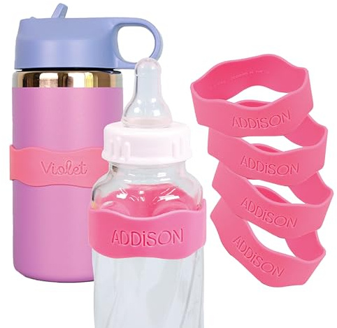 InchBug Orbit Labels Baby Bottle and Water Bottle Silicone Name Bands – Personalized Reusable Label Set for Daycare, Sippy Cups, Preschool, Elementary School, Dishwasher Safe, 4-Pack (Bubblegum Pink)