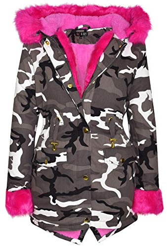 A2Z 4 Kids Kids Girls Jacket Designer's Camouflage Cerise Pink Faux Fur Hooded Parka School Jackets Outwear Coats New Age 2 3 4 5 6 7 8 9 10 11 12 13 Years