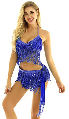 Freebily Damen Bauchtanz Kostüm Sexy Quaste Pailletten BH Oberteil Hüfttuch Rock/Shorts Gürtel Glitzer Tanzkleidung Pole Dance Outfits Royal blau Einheitsgröße