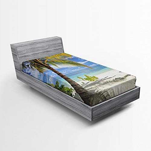 ABAKUHAUS Tropisch Spannbetttuch, Palmen Küste, Soft Dekorativer Stoff Bettwäsche Rund-um Elastischer Gummizug, 90 x 200 cm, Kokosnuss Blau