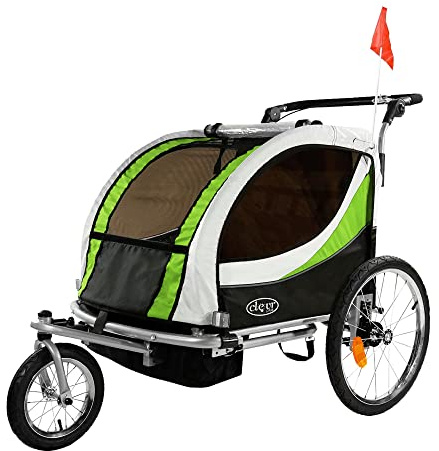 ClevrPlus Deluxe 3-in-1 Double 2 Seat Bicycle Bike Trailer Jogger Stroller for Kids Children | Foldable w/Pivot Front Wheel, Green