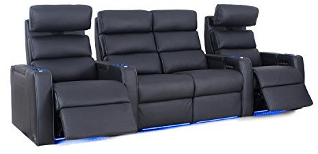 Octane Seating Dream HR Heimkino-Bestuhlung - Schwarzes Narbenleder - Elektrische Rückenlehne - Beleuchtete Getränkehalter - 4er-Reihe mit zentralem Loveseat