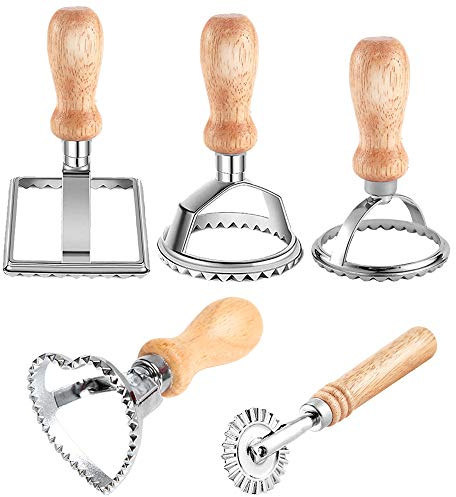 Homo Trends 5Pcs Ravioli Stamp Ravioli Cutters Set | Ravioli Cutters with Wooden Handle and Fluted Edge Pastry Cutter Dumpling Maker for Making Ravioli, Empanadillas or Cookies