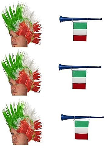 Zeus Party Set Tifo Italia 3 Parrucche a Cresta Tricolore e 3 Trombette con Bandierina Tricolore Italiana