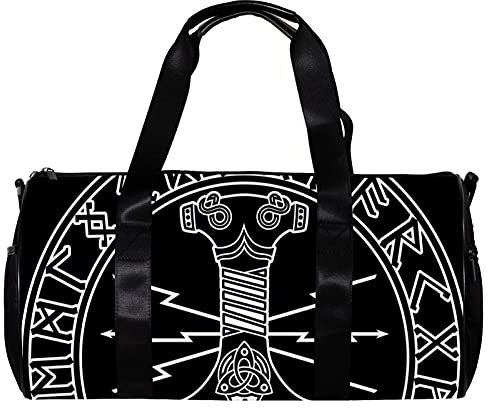 Runde Sporttasche mit abnehmbarem Schultergurt, Thor's Hammer Mjollnir und skandinavische Trainings-Handtasche für Damen und Herren