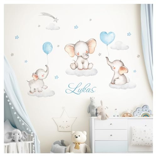 Little Deco Wandtattoo Elefanten & Wunschname I Wandbild 90 x 54 cm (BxH) I Kinderzimmer Babyzimmer Aufkleber Sticker Wandaufkleber Wolken Wandsticker Sterne DL709