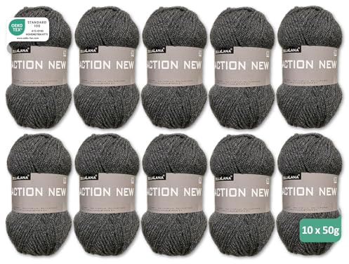 BellaLana Wolle Action New, Allzweckgarn, Stricken, 10x50gr, Anthrazit | 100% Polyacryl-Garn, weich, angenehm & pflegeleicht - Lauflänge ca. 133m - Nadelstärke 3-4 - für Pullover, Schals, Decken