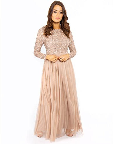 Maya Deluxe Damen Womens Ladies Petite Maxi Dress for Wedding Guest Long Sleeves Sequins Empire High Waist Embellishment Boat Neck Prom Kleid, Taupe Blush, 10